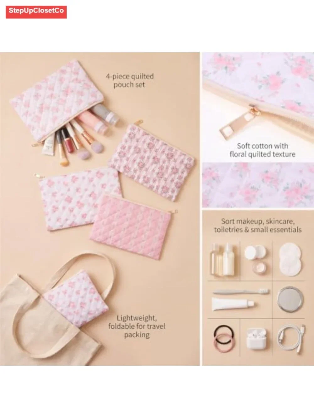 Cotton Makeup Bag Floral Cosmetic Pouch Zipper Travel Case Roomy Storage